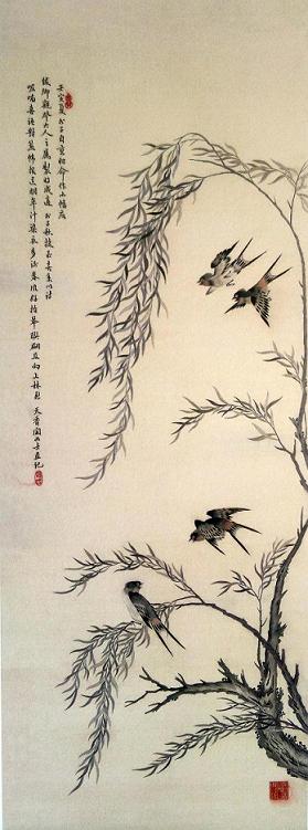 沈壽繡柳燕圖（軸），刺繡名作，蘇繡名人，清朝刺繡