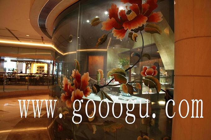 琉璃工坊，琉璃工房，網(wǎng)格繡，手工雙面繡隔斷，牡丹線條刺繡