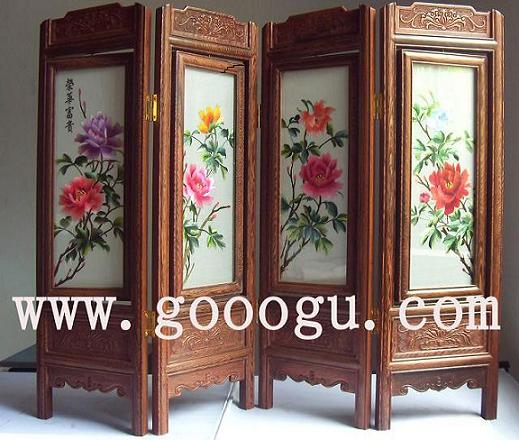 牡丹折疊刺繡屏風(fēng)，四扇刺繡小屏風(fēng)，蘇繡屏風(fēng)