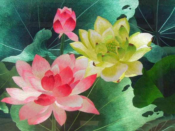 荷花蘇繡裝飾畫 荷花 荷葉刺繡畫