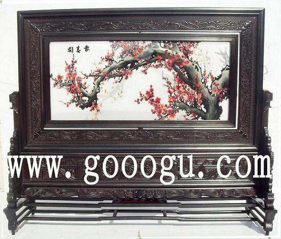 高檔雙面繡座屏，報(bào)春圖雙面繡臺(tái)屏精品