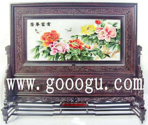 榮華富貴蘇繡，牡丹圖案刺繡，刺繡臺(tái)屏精品