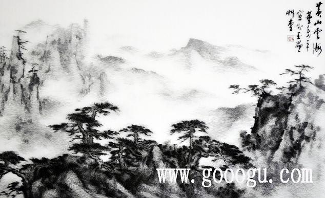 蘇繡刺繡畫，黃山云海風(fēng)景裝飾畫，刺繡精品畫