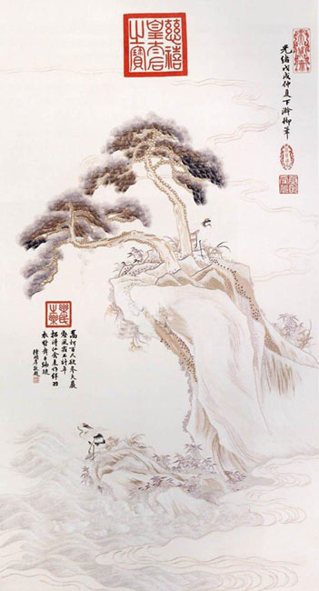 刺繡慈禧印松鶴圖（軸）,宮廷繡品，皇家刺繡品