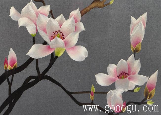 玉蘭花特寫、一絲的絲線精繡而成、光澤度好,仿佛能聞到花香!